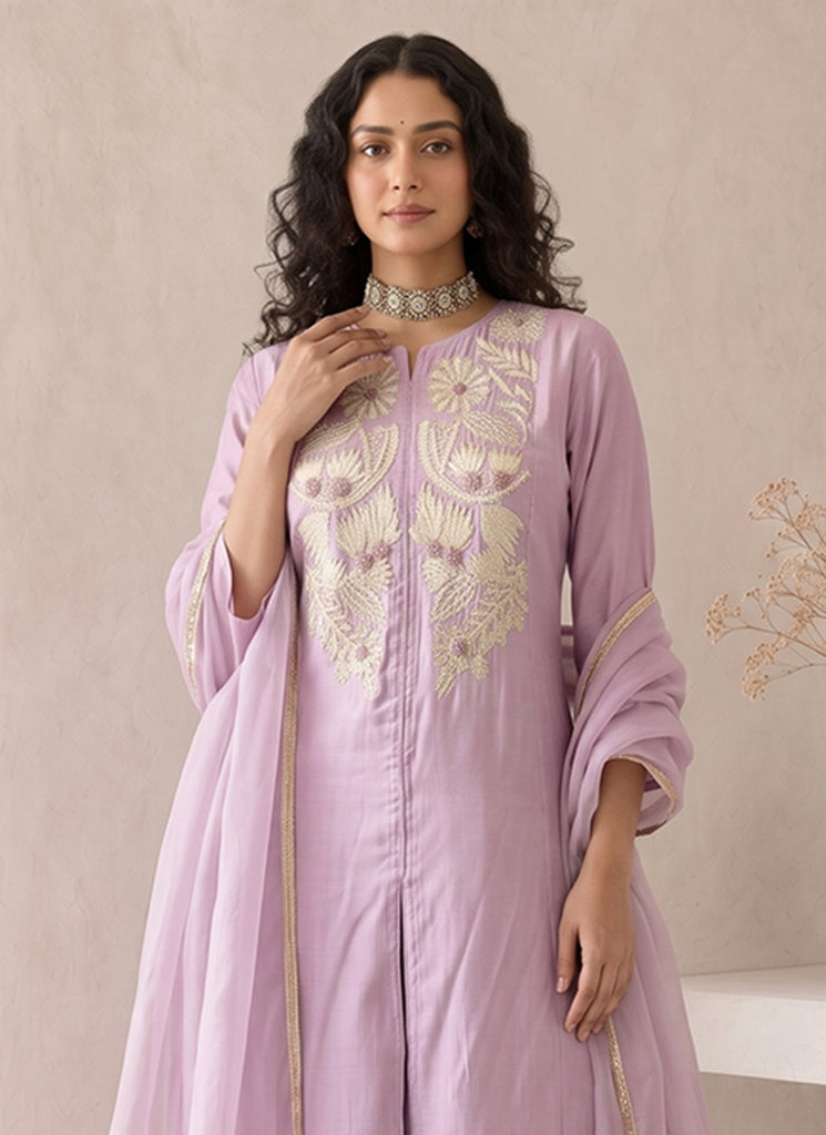 Lavender Embroidered Roman Silk Palazzo Suit
