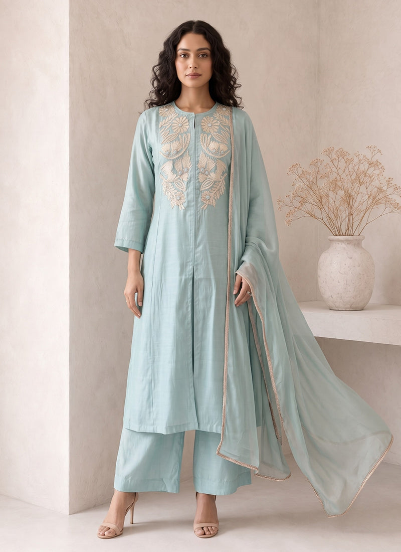 Sky Blue Embroidered Roman Silk Palazzo Suit