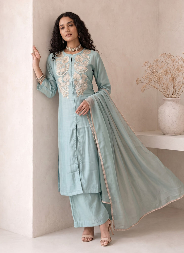 Sky Blue Embroidered Roman Silk Palazzo Suit