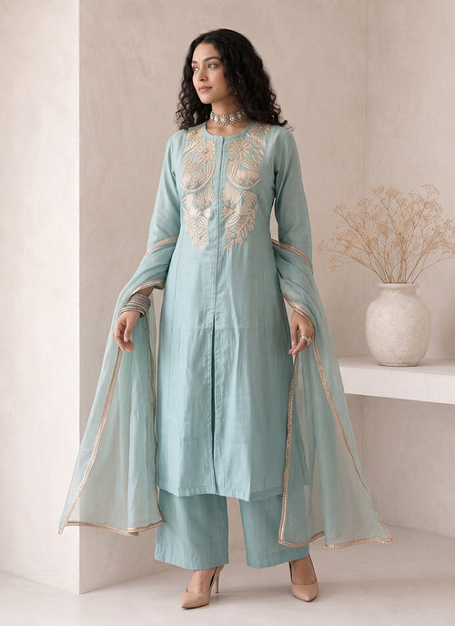 Sky Blue Embroidered Roman Silk Palazzo Suit
