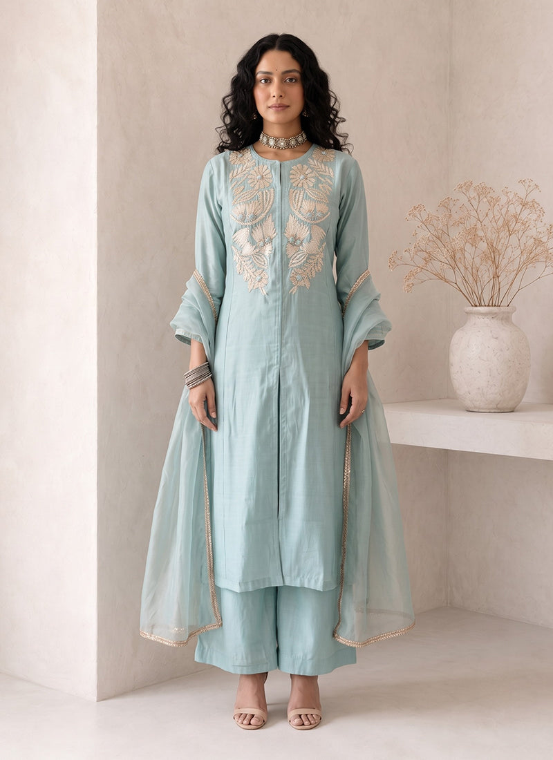 Sky Blue Embroidered Roman Silk Palazzo Suit