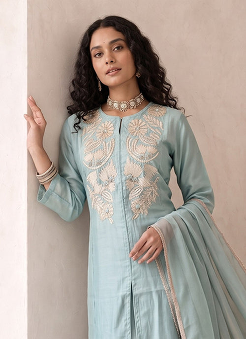 Sky Blue Embroidered Roman Silk Palazzo Suit