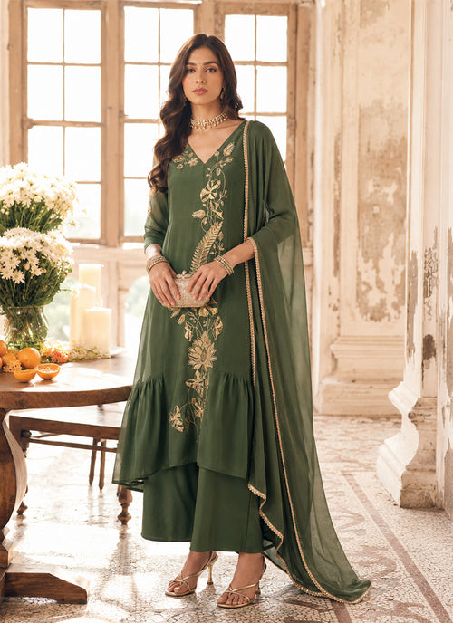 Olive Green Embroidered Mul Chanderi Palazzo Suit