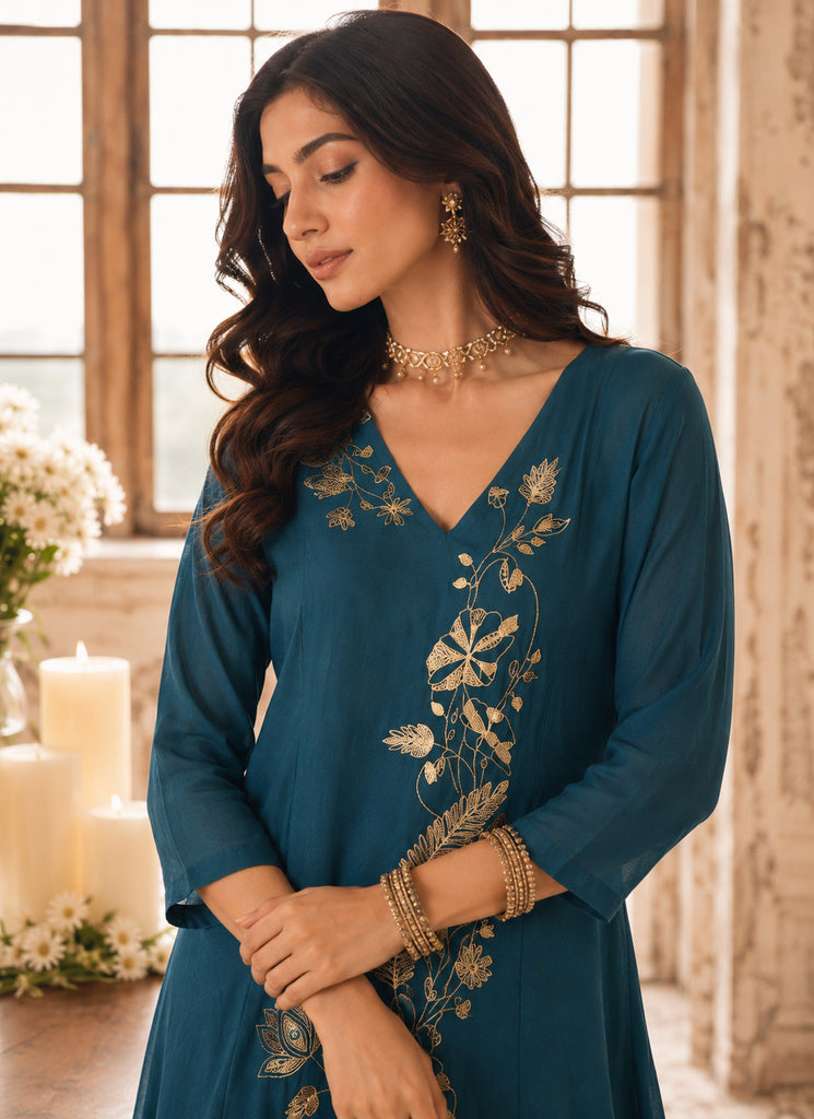 Turquoise Embroidered Mul Chanderi Palazzo Suit