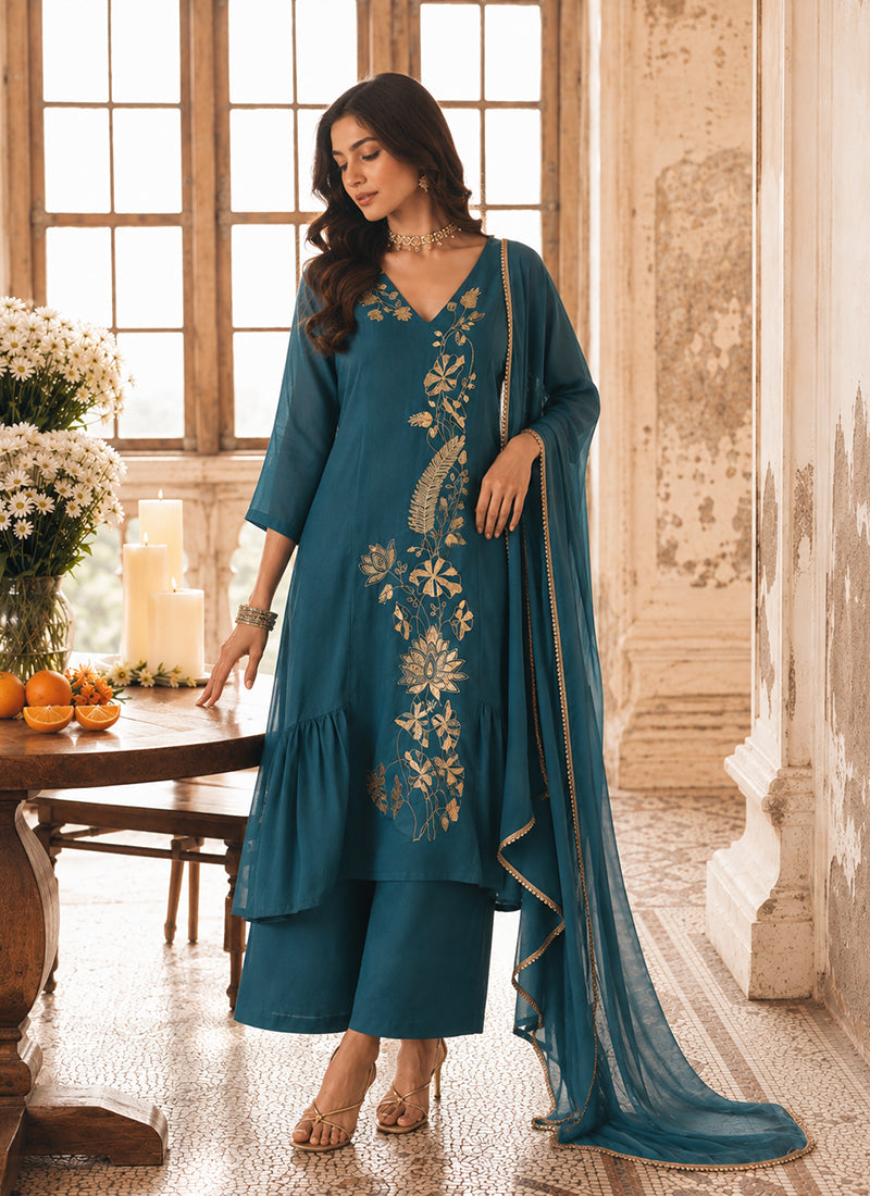 Turquoise Embroidered Mul Chanderi Palazzo Suit