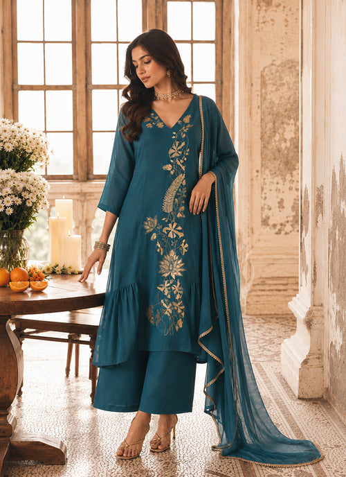 Turquoise Embroidered Mul Chanderi Palazzo Suit
