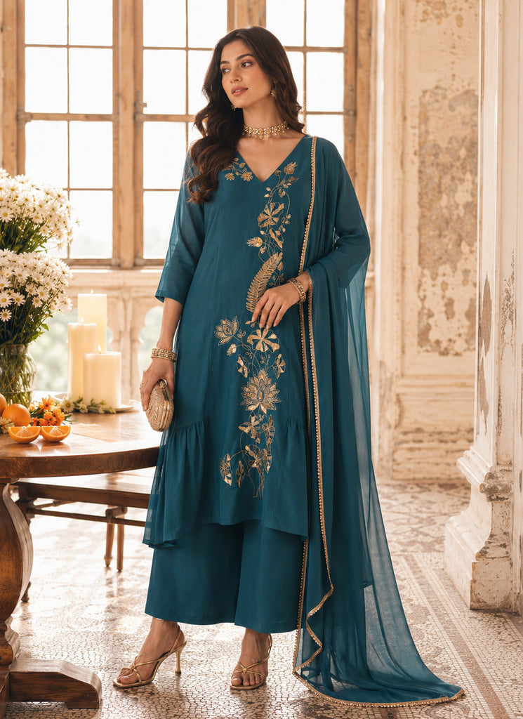 Turquoise Embroidered Mul Chanderi Palazzo Suit