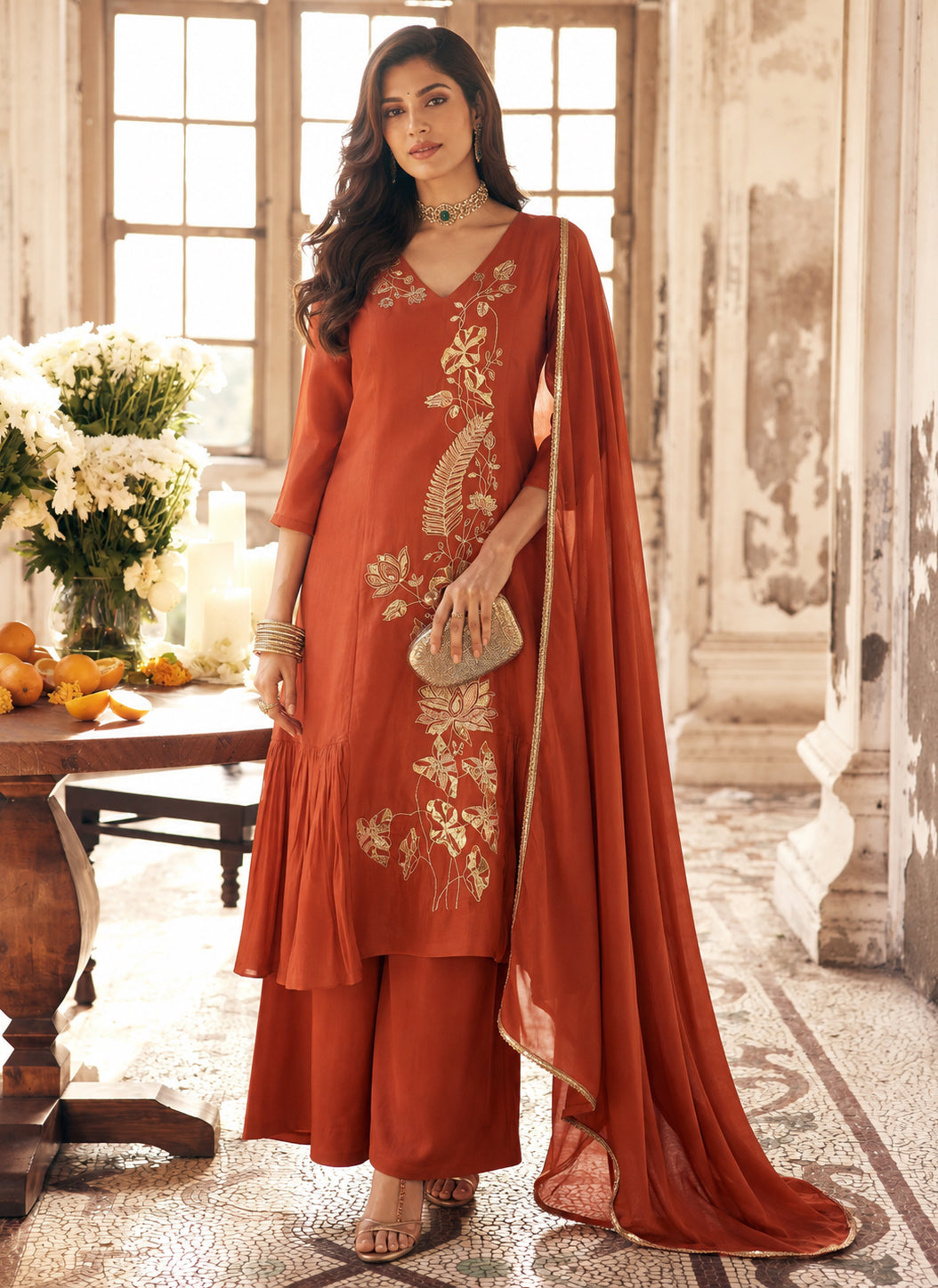 Rust Orange Embroidered Mul Chanderi Palazzo Suit