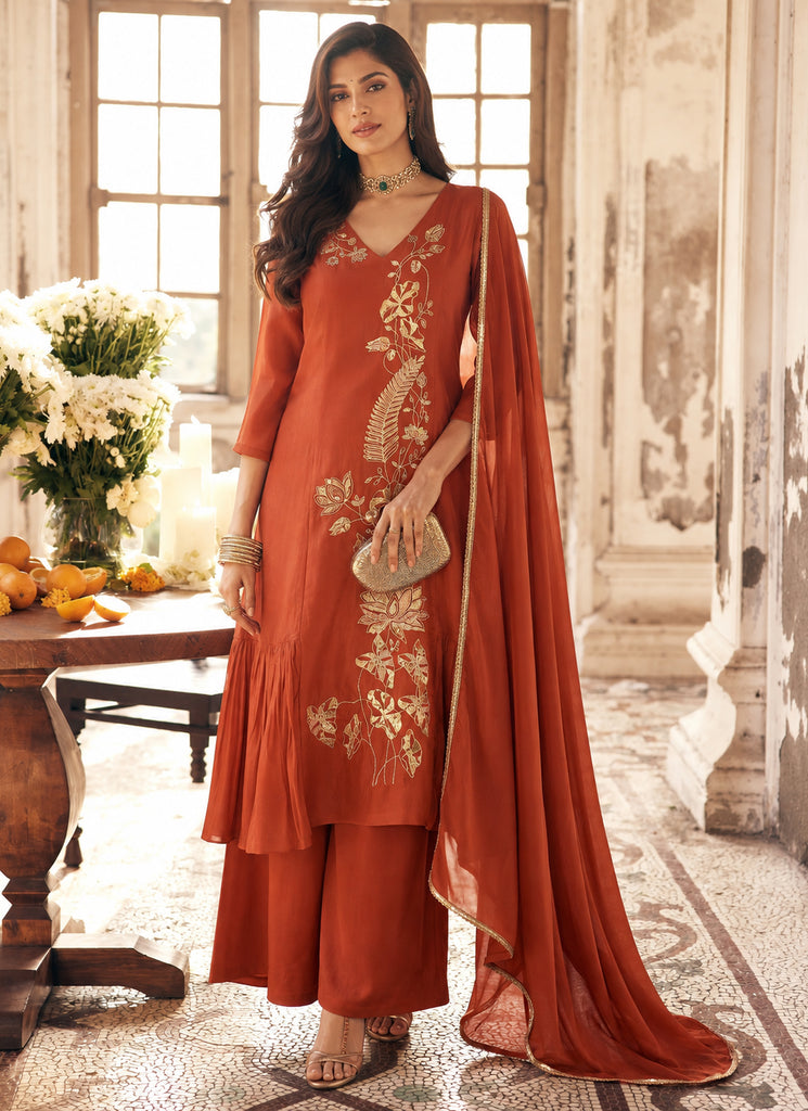 Rust Orange Embroidered Mul Chanderi Palazzo Suit