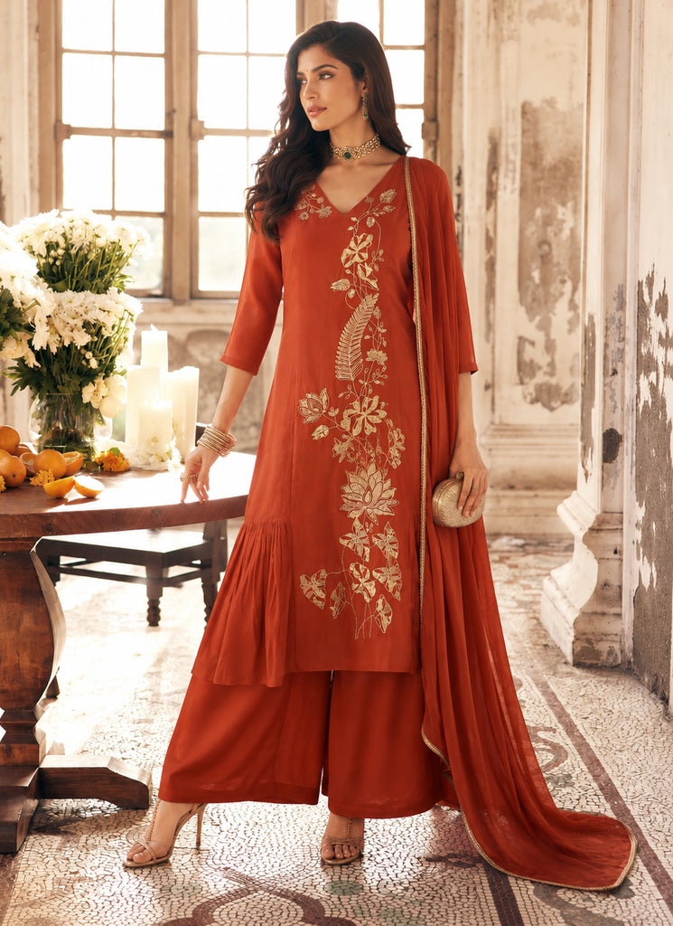 Rust Orange Embroidered Mul Chanderi Palazzo Suit