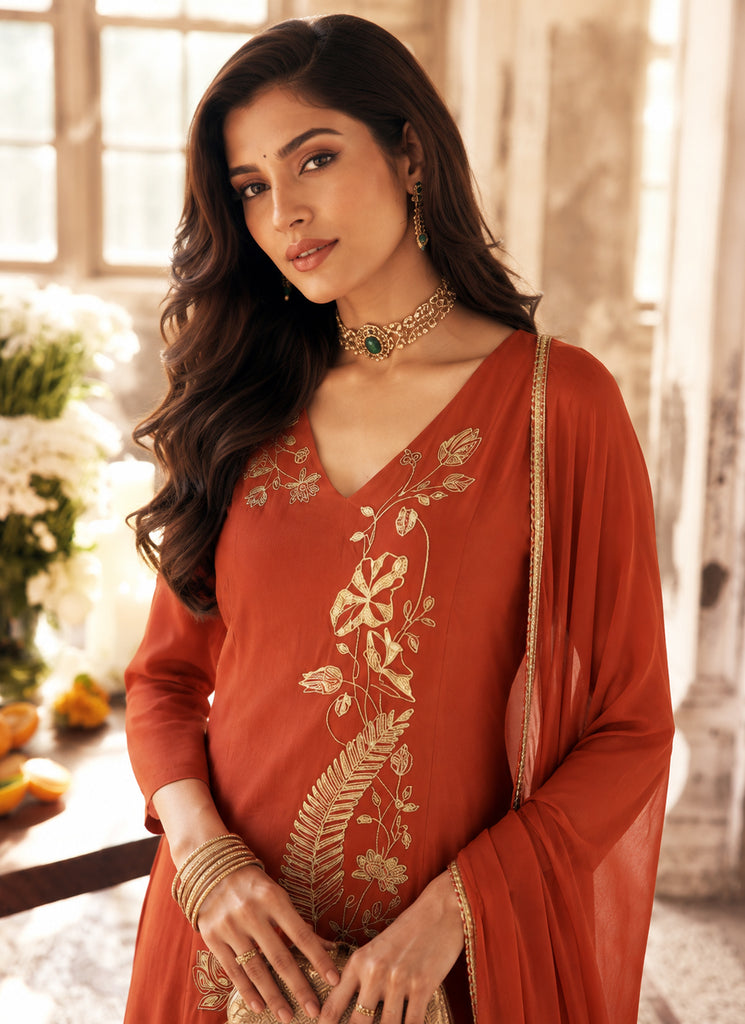 Rust Orange Embroidered Mul Chanderi Palazzo Suit
