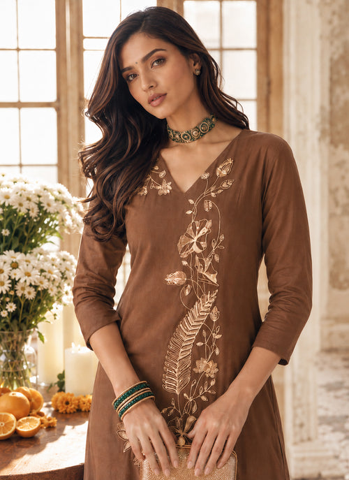 Brown Embroidered Mul Chanderi Palazzo Suit