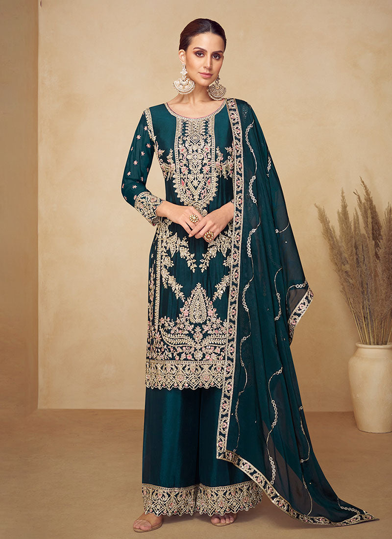 Turquoise Multi Embroidery Festive Palazzo Suit