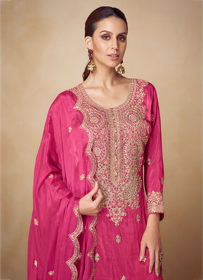 Rich Pink Embroidery Festive Palazzo Suit