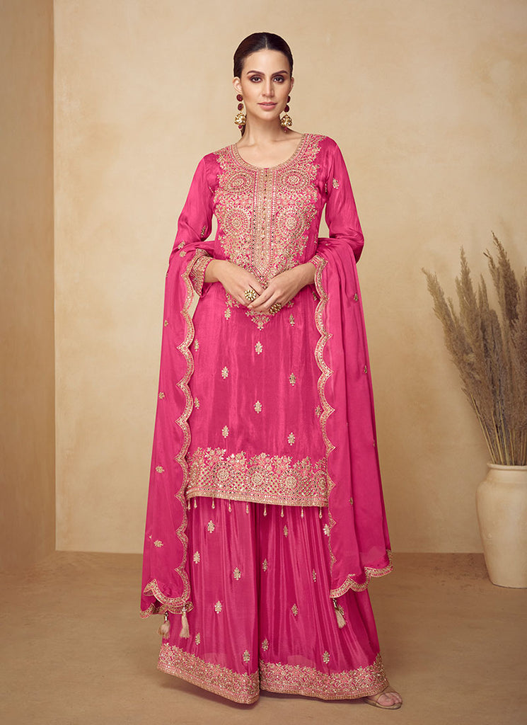 Rich Pink Embroidery Festive Palazzo Suit