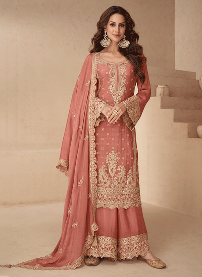 Peach Reshamkari Embroidered Silk Palazzo Suit