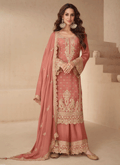 Peach Reshamkari Embroidered Silk Palazzo Suit