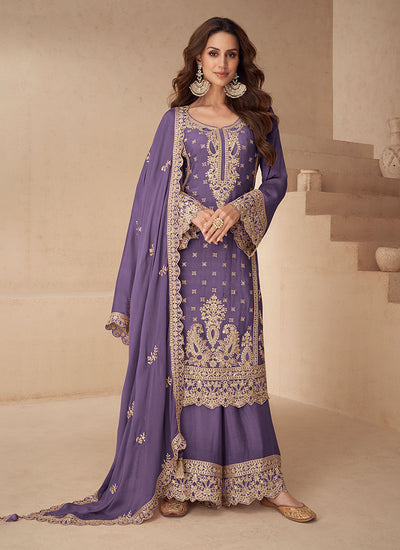Purple Reshamkari Embroidered Silk Palazzo Suit