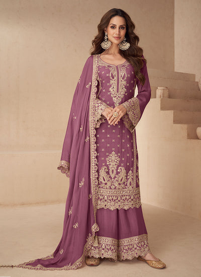 Mauve Reshamkari Silk Palazzo Suit