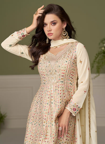 Ivory Multi Embroidered Anarkali Palazzo Suit