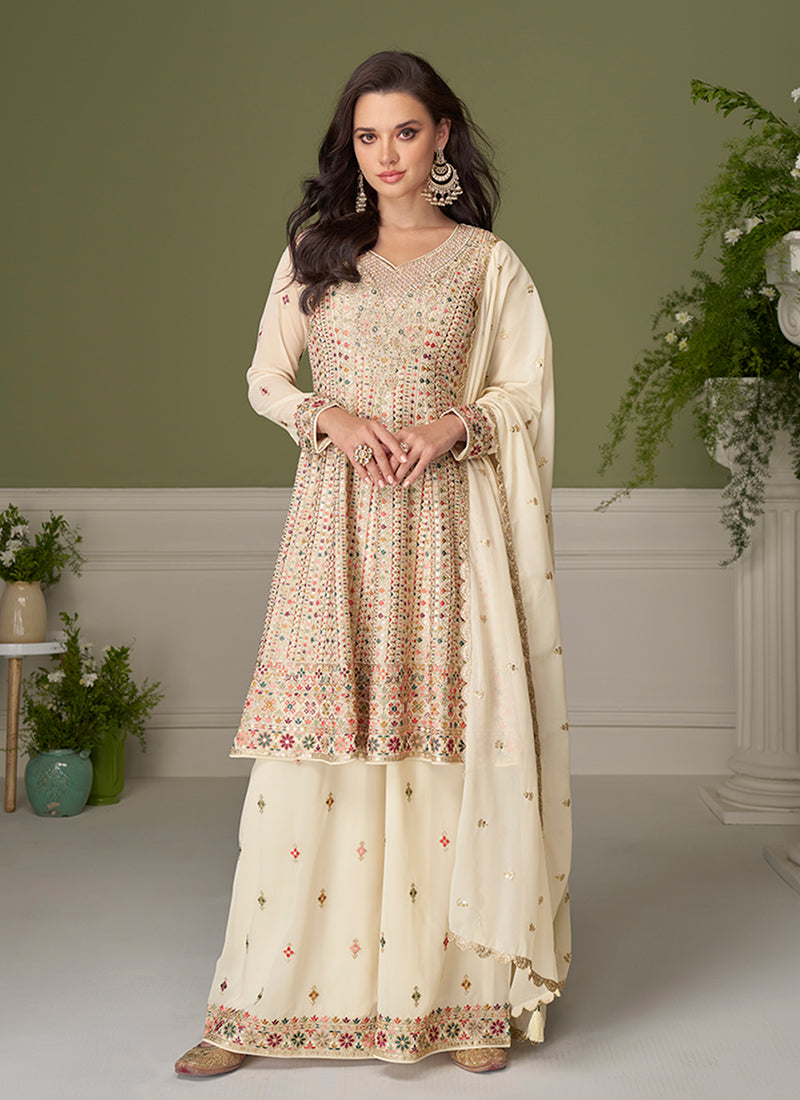 Ivory Multi Embroidered Anarkali Palazzo Suit