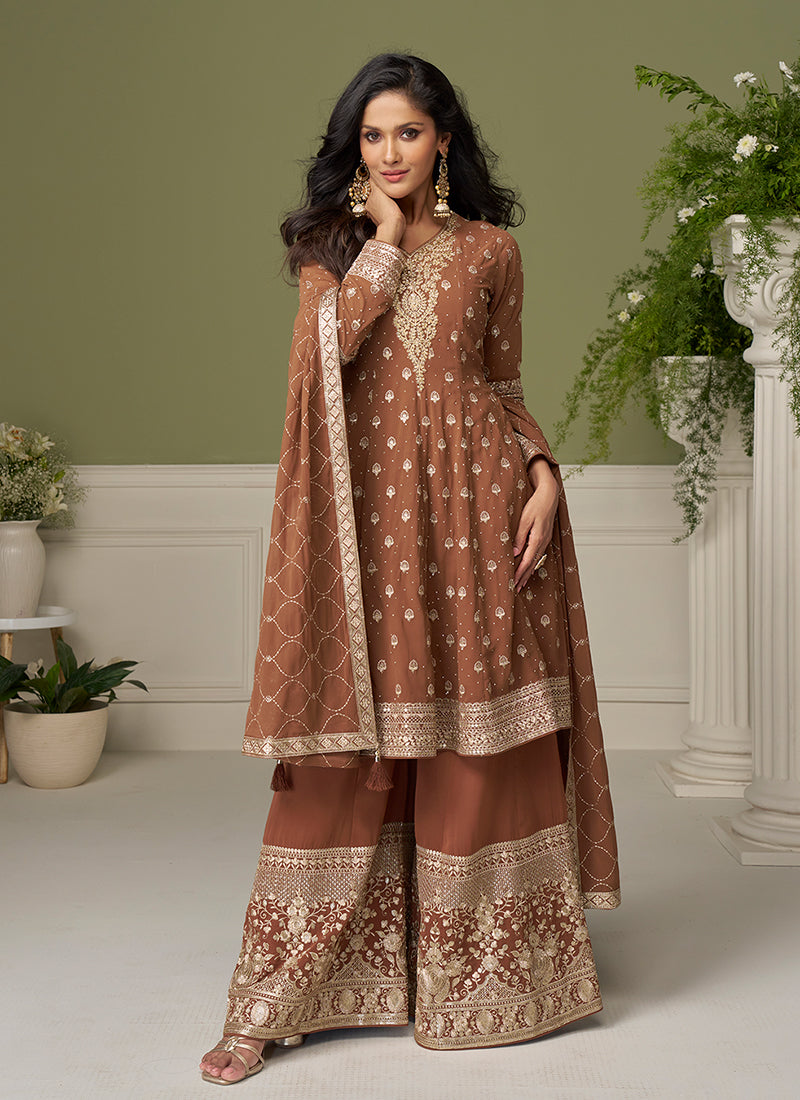 Brown Embroidered Anarkali Palazzo Suit