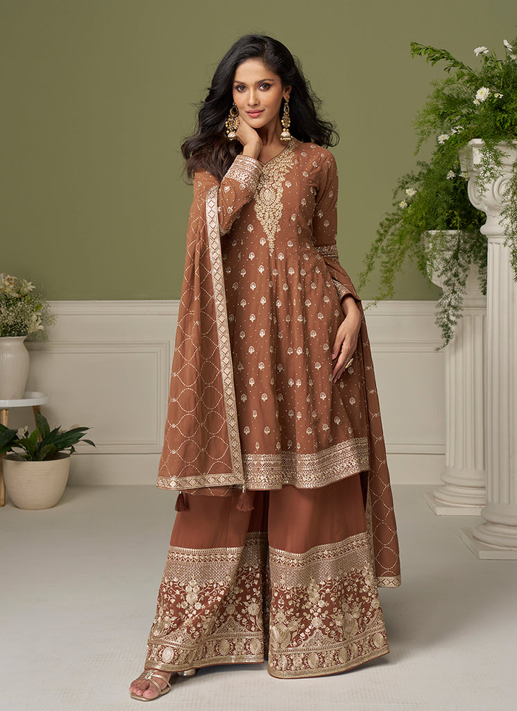 Brown Embroidered Anarkali Palazzo Suit