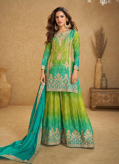 Teal And Green Reshamkari Embroidery Palazzo Suit
