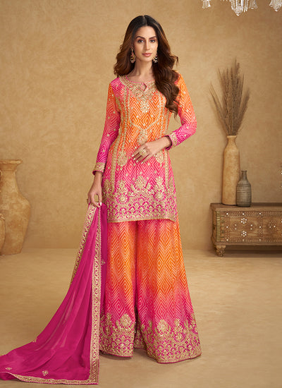 Pink And Orange Reshamkari Embroidery Palazzo Suit