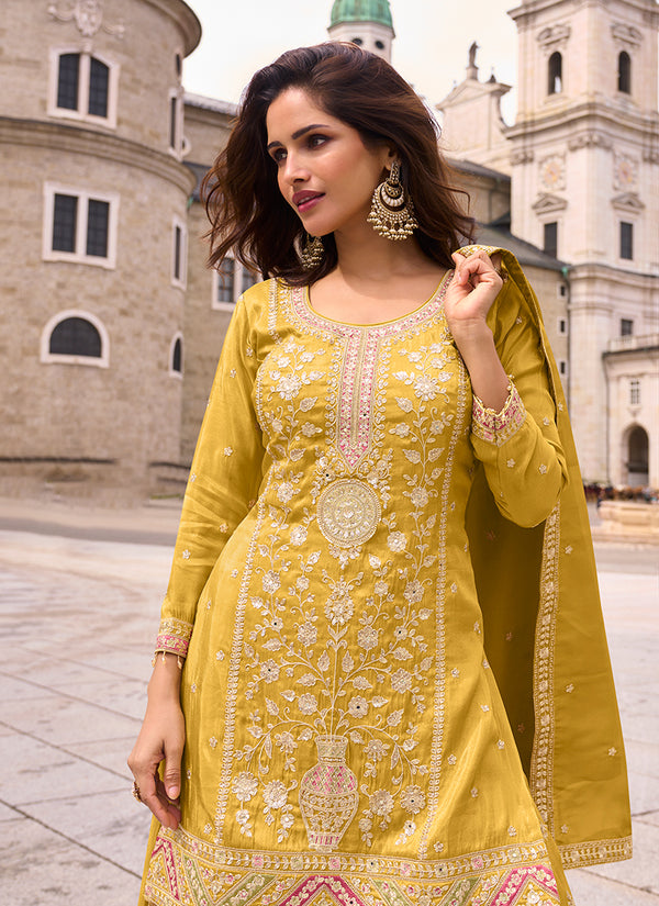 Yellow Embroidery Silk Palazzo Suit