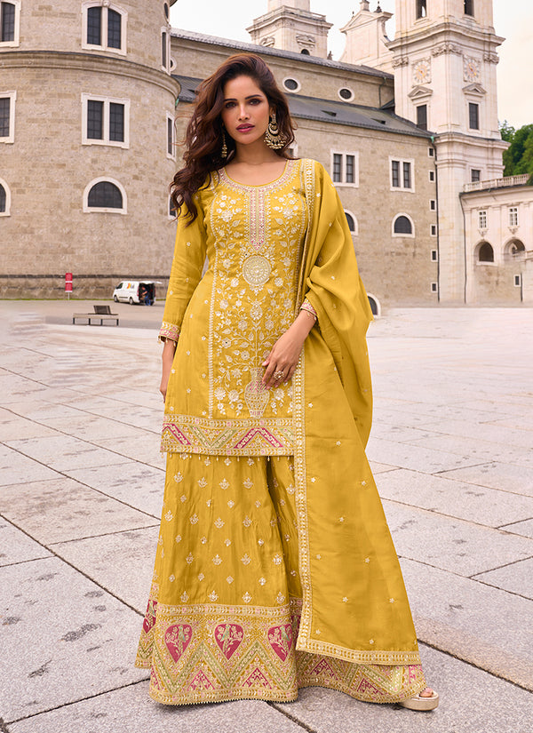 Yellow Embroidery Silk Palazzo Suit