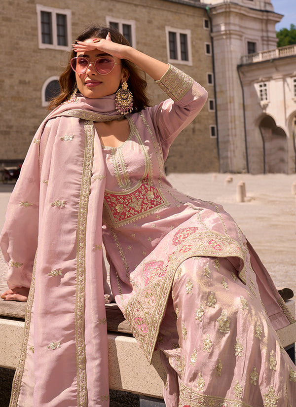 Blush Pink Embroidery Silk Palazzo Suit