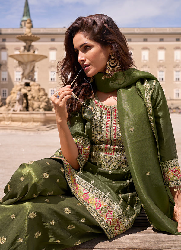Olive Green Embroidery Silk Palazzo Suit