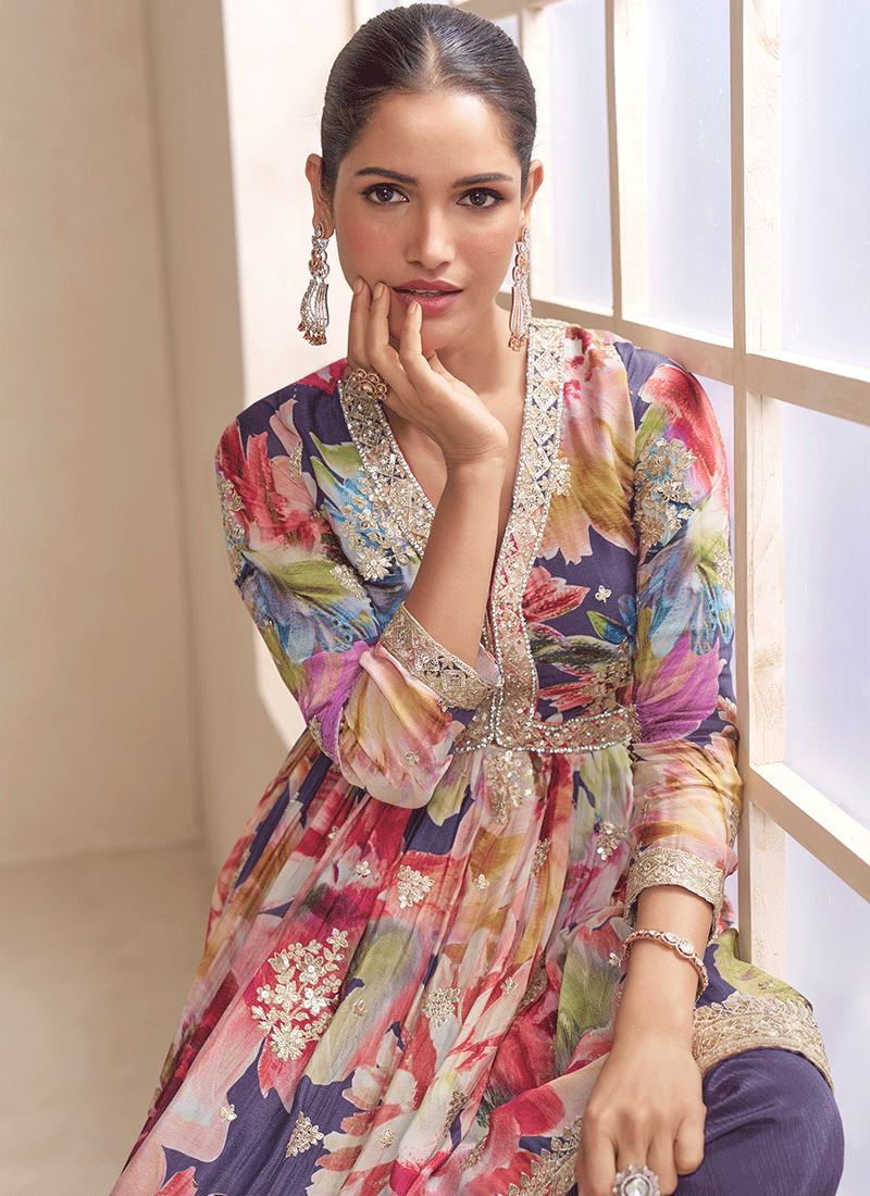 Purple Floral Embroidered Plazzo Suit Online