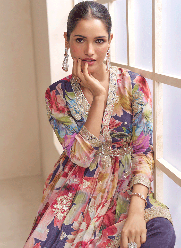 Purple Floral Embroidered Plazzo Suit Online