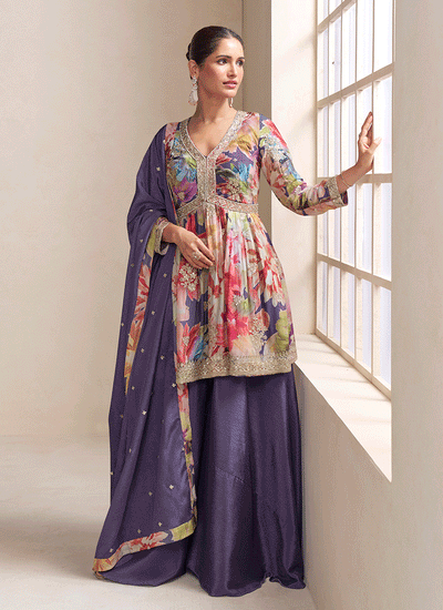 Purple Embroidery Printed Palazzo Suit