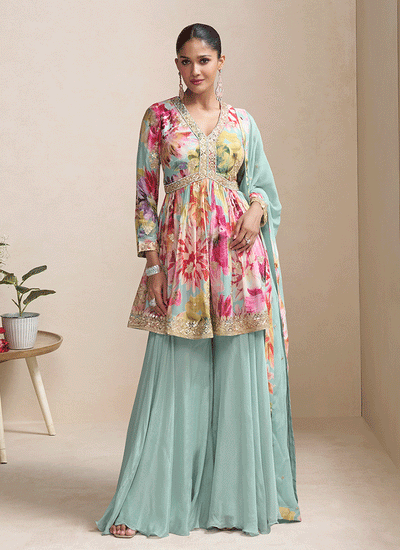 Sky Blue Embroidery Printed Palazzo Suit