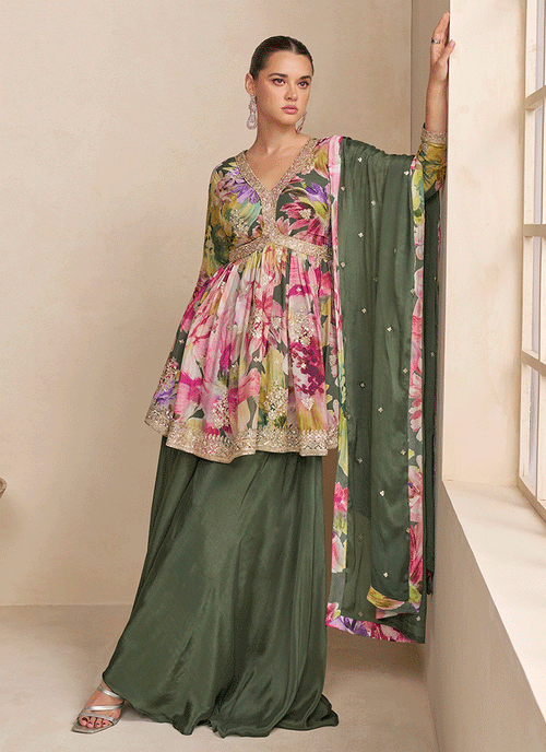 Olive Green Printed Palazzo Suit