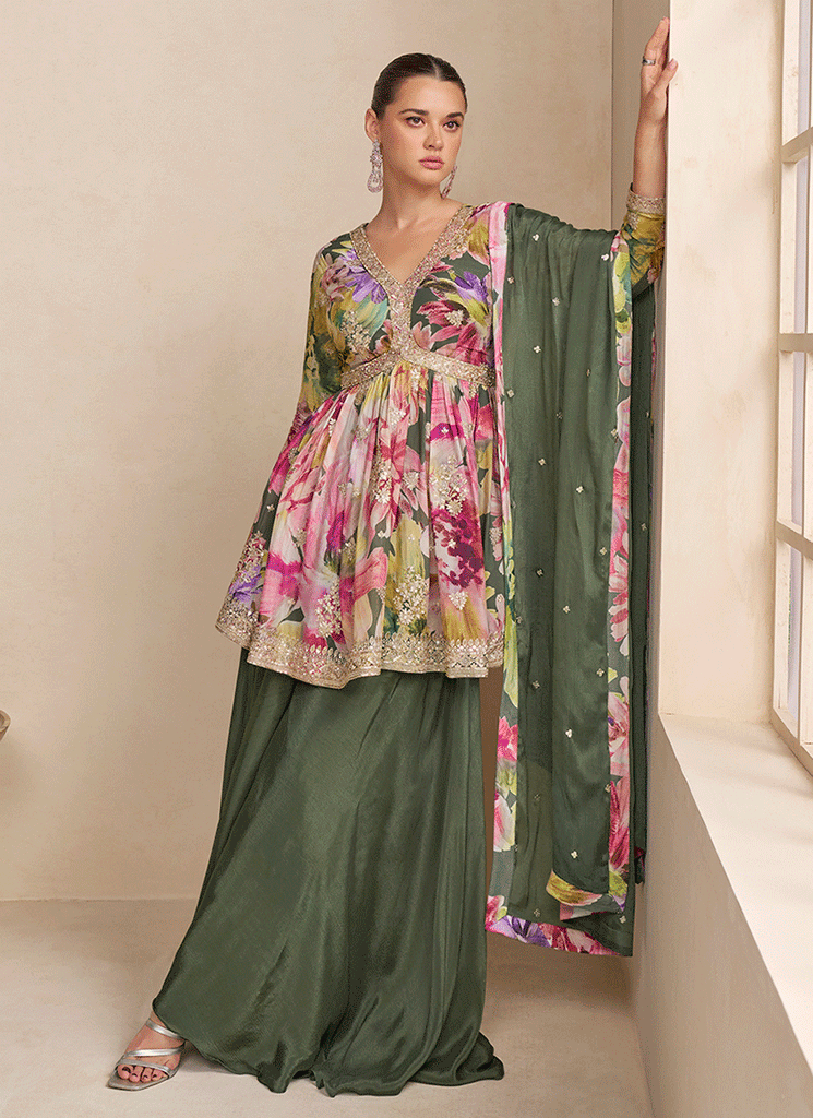 Olive Green Printed Palazzo Suit