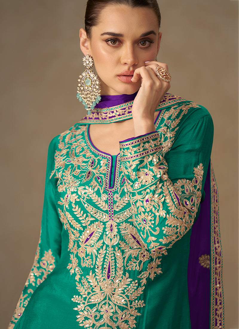 Buy Green And Purple Palazzo Suit In USA