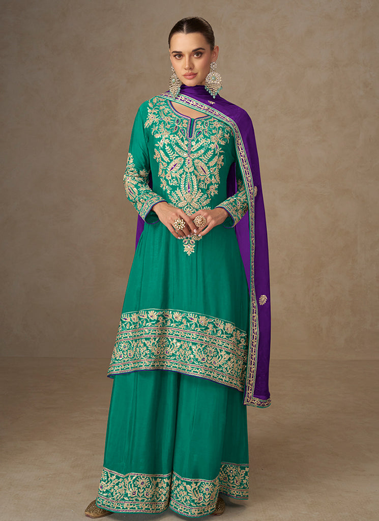 Green And Purple Festive Palazzo Suit