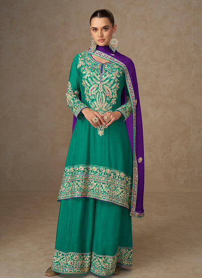 Green And Purple Festive Palazzo Suit
