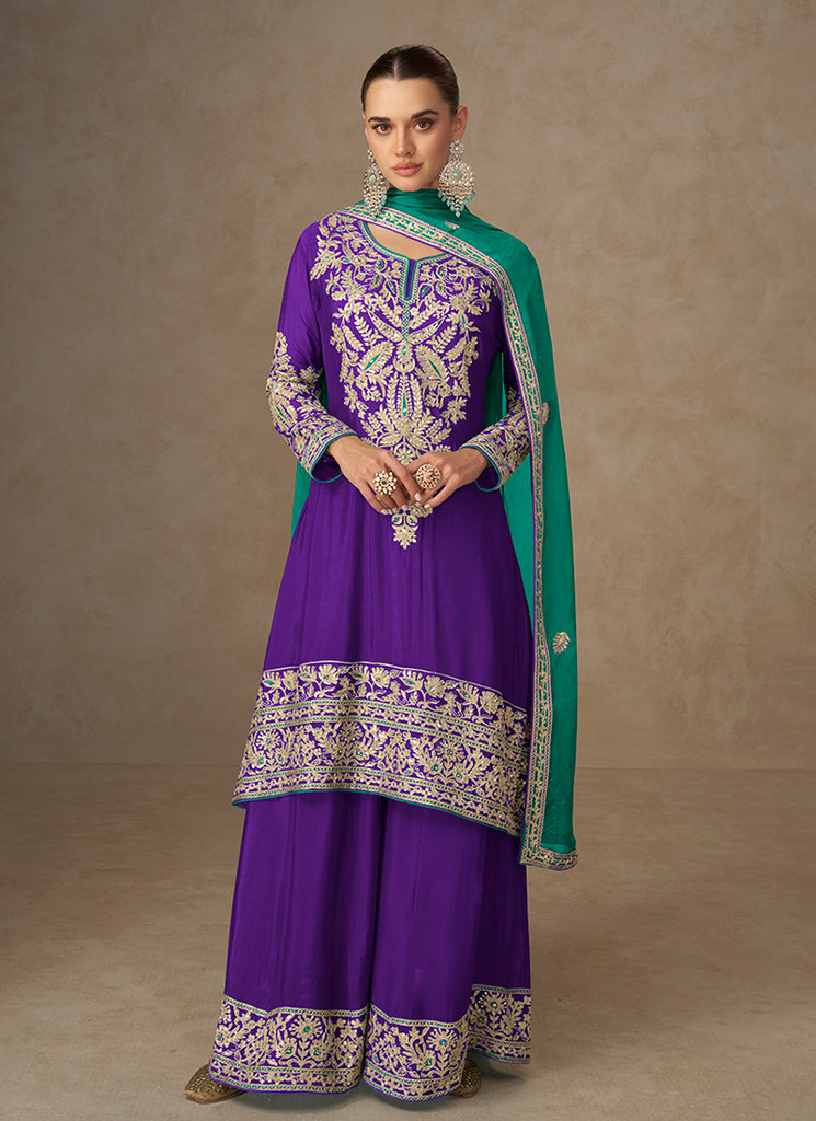 Purple And Green Festive Palazzo Suit