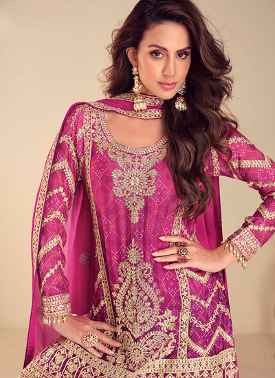 Magenta Pink Embroidered Wedding Palazzo Suit