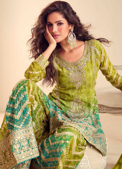 Green And Teal Embroidered Wedding Palazzo Suit
