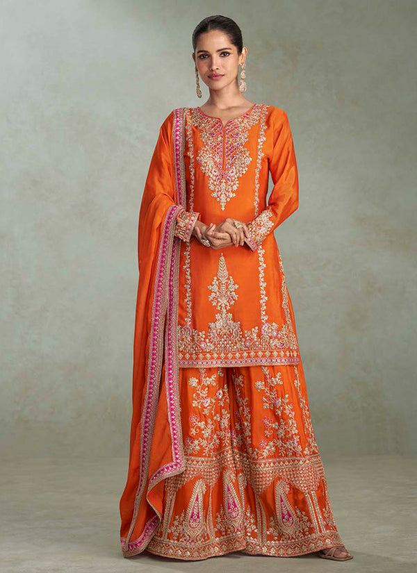 Orange Embroidery Party Wear Palazzo Suit