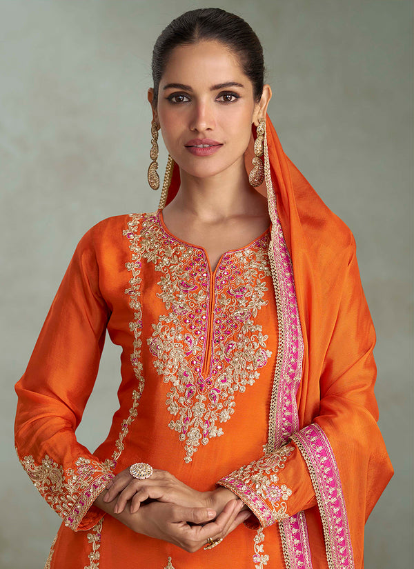 Orange Embroidery Party Wear Palazzo Suit