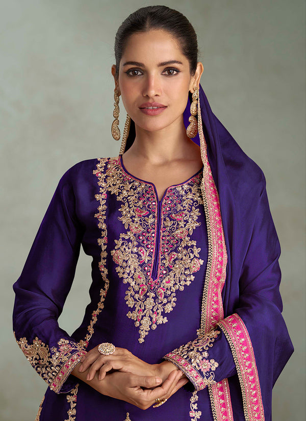 Purple Embroidery Party Wear Palazzo Suit