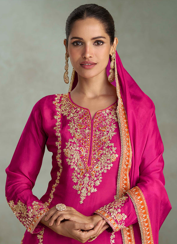 Magenta Embroidery Party Wear Palazzo Suit