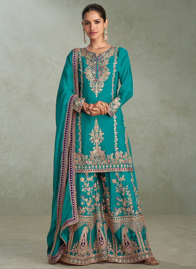 Turquoise Designer Palazzo Suit